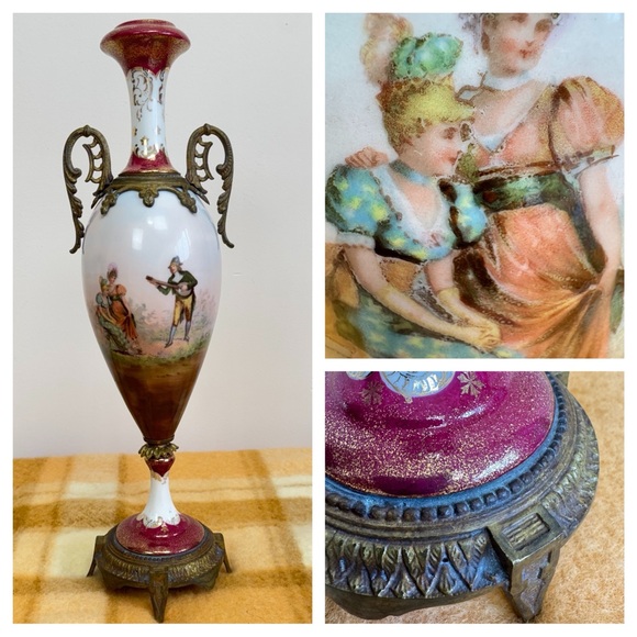 Louis XIV Sevres Style French Hand Painted Porcelain Urn Vase Gilt Bronze Mount - Picture 1 of 17